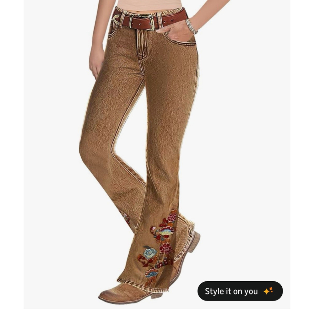 Flamingals Women's Floral Embroidery Mid Waist High Stretch Bootcut Jeans